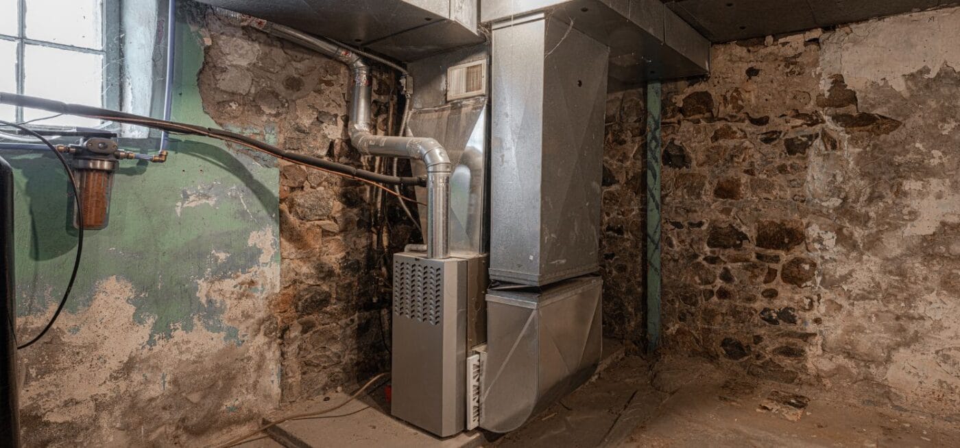 An older furnace with metal ductwork installed in a stone-walled basement, illustrating a typical residential heating system setup.